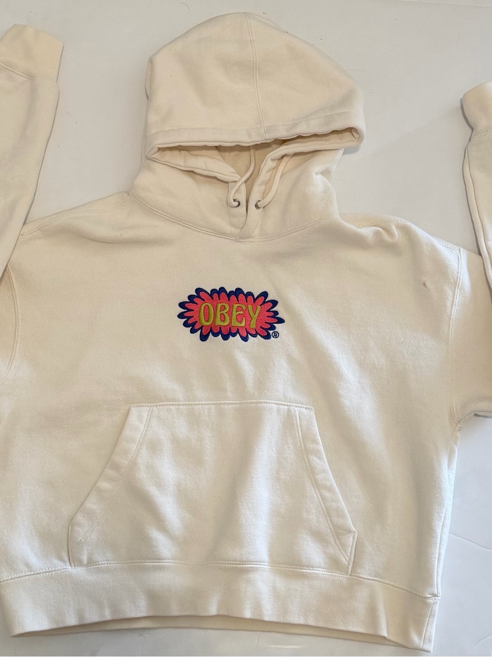 Obey Cream Crewneck Hoodie with Colorburst Logo